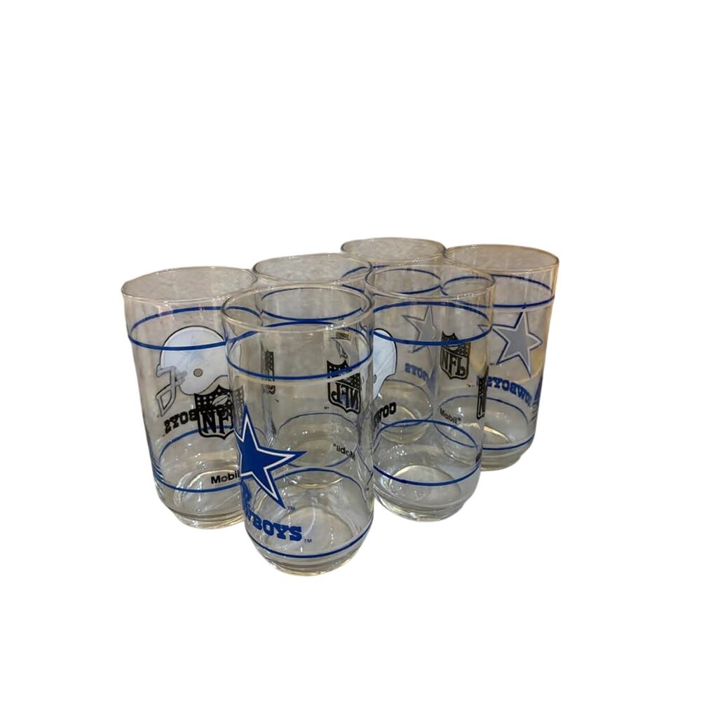 Vintage Dallas Cowboys Mobil Promotional Drinking Glasses Set of 6 NFL Tumblers
